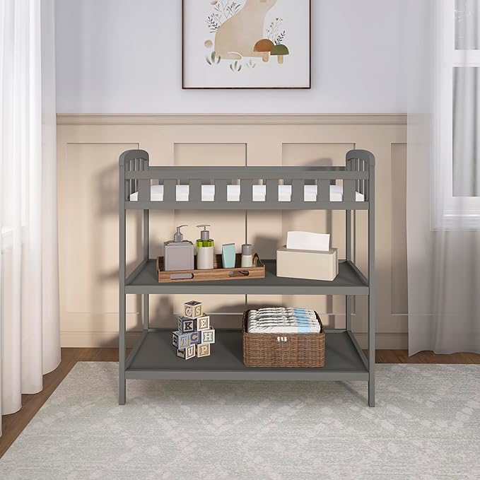 Dream On Me Emily Changing Table In Steel Grey, Comes With 1" Changing Pad, Features Two Shelves, Portable Changing Station, Made Of Sustainable New Zealand Pinewood