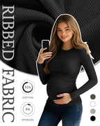 Ficerd 4 Pack Women's Maternity Shirts Cotton Long Sleeve Ribbed Crew Neck Pregnancy Tops Side Ruched Casual Mama Clothes