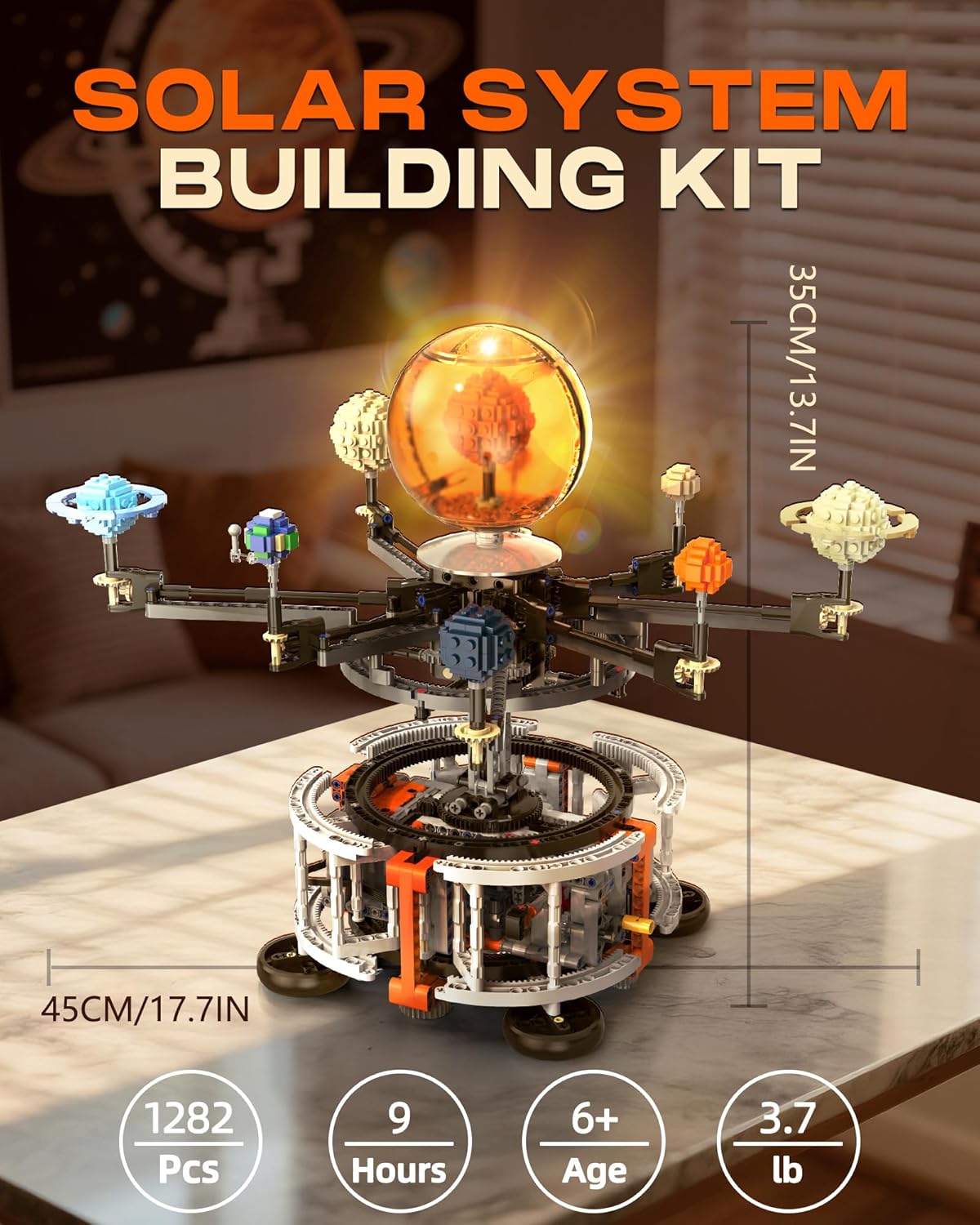 Solar System Building Set with Light, Rotatable STEM Educational Toys with 8 Planets, Electric Manual Mode Spinning Space Toys for Astronomy Learning, Gift for Boys Girls Age 6-12(1282pcs)