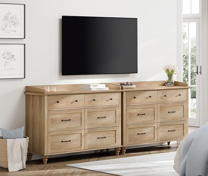 WAMPAT 2-in-1 Baby Dresser with 12 Drawers for Kids Dresser, Farmhouse Wooden Double Dressers for Bedroom, Oak 6 Drawer Dressers Set Organizer for Children’s Bedroom, Nursery Furniture