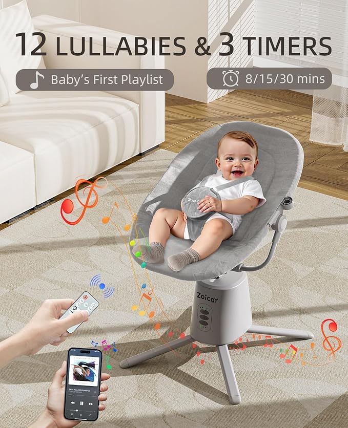 Zoicay Lightweight Baby Swing for Infant with 3 Modes & 5 Speeds, BT Enabled App & Remote Control Electric Swing – 6 Lullabies and 3 Timer Settings, 2 Seat Positions and 5-Point Harness Compact Swing