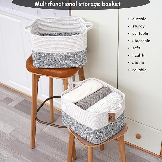COMFY-HOMI Cotton Rope Woven Basket with Handles for Shelves,Toys,Book, Cloth Storage Baskets Bin for Organizing-13.5"x11"x9.5" Toy Decorative Organizer for Living Room, Bathroom-White/Grey