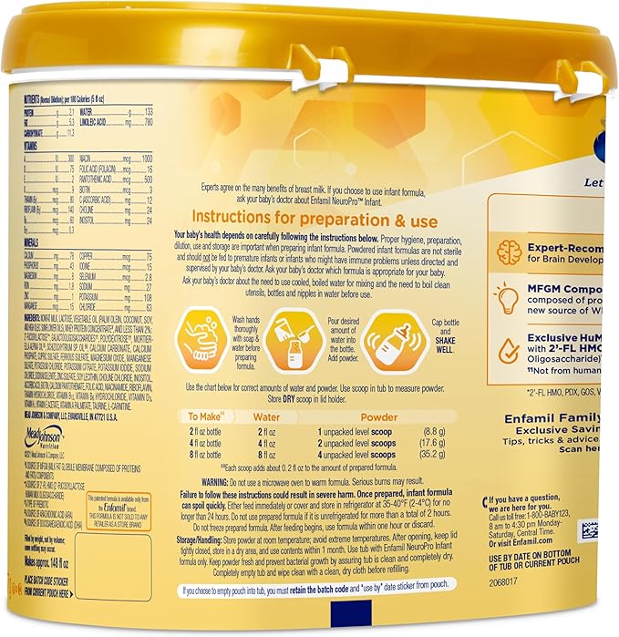 Enfamil NeuroPro Baby Formula, Milk-Based Infant Nutrition, MFGM* 5-Year Benefit, Expert-Recommended Brain-Building Omega-3 DHA, Exclusive HuMO6 Immune Blend, Non-GMO, 124.2 oz