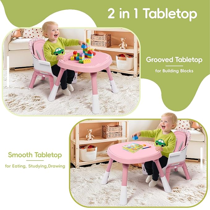 15 in 1 Convertiable High Chair for Babies and Toddlers, 2 in 1 Highchair & Activity Center w/Toys, Booster Seat, Toddler Chair w/5-Point Harness & Removable Tray & 2-Layer Cusion (Pink)