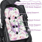 Infant Car Seat Insert, Soft Baby Car Seat Head & Body Support for Girl Boy, Reversible Newborn Preemie Carseat Insert Cushion with 3 Straps Pads Fits CarSeat, Stroller, Swing, Bouncer, Purple Floral