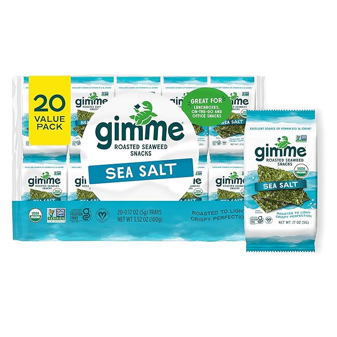 Gimme Seaweed Organic Premium Roasted Seaweed Snacks, Sea Salt, 20 Count, Keto, Vegan, Gluten-Free, Great Source of Omega3s and Iodine, Healthy On-The-Go Snack for Kids and Adults