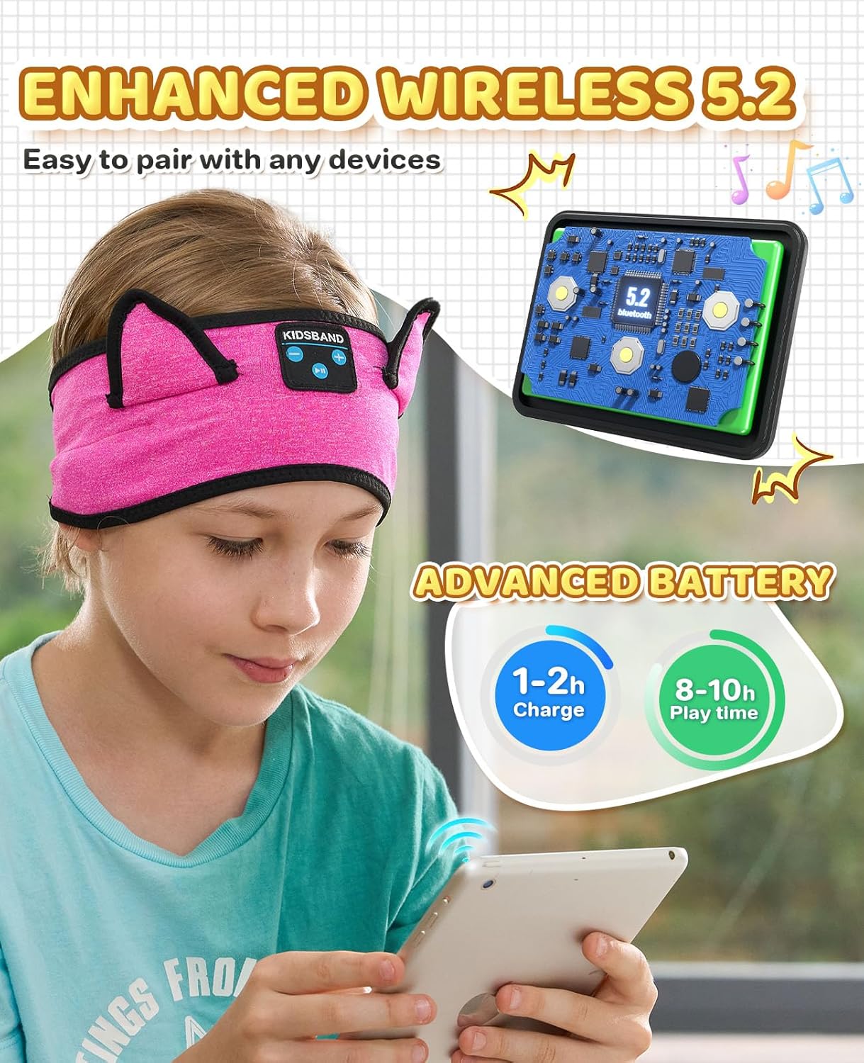 KIDSBAND Kids Headband Headphones, Baby Headphones, Wireless and Wired Playback 3.5 MM Jack for School, Foldable Adjustable Children Headset for Girls Boys,Kindle Tablet Cellphones Airplane Travel