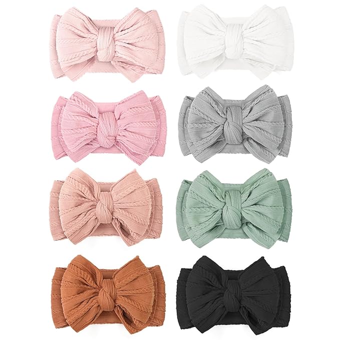 CÉLLOT 8 Pcs Super Stretchy Soft Handmade Headbands with Double Bows Head Wrap Nylon Hair Accessories For Newborn Babies Girls Infants Toddlers