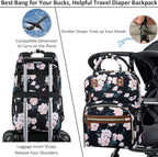 Diaper Bag Backpack Tote for Women Large Capacity with Insulated Pockets Multifunctional Diaper Bags For Baby Girl Boy Waterproof Baby Bags, Maternity Bag Black Pink Floral