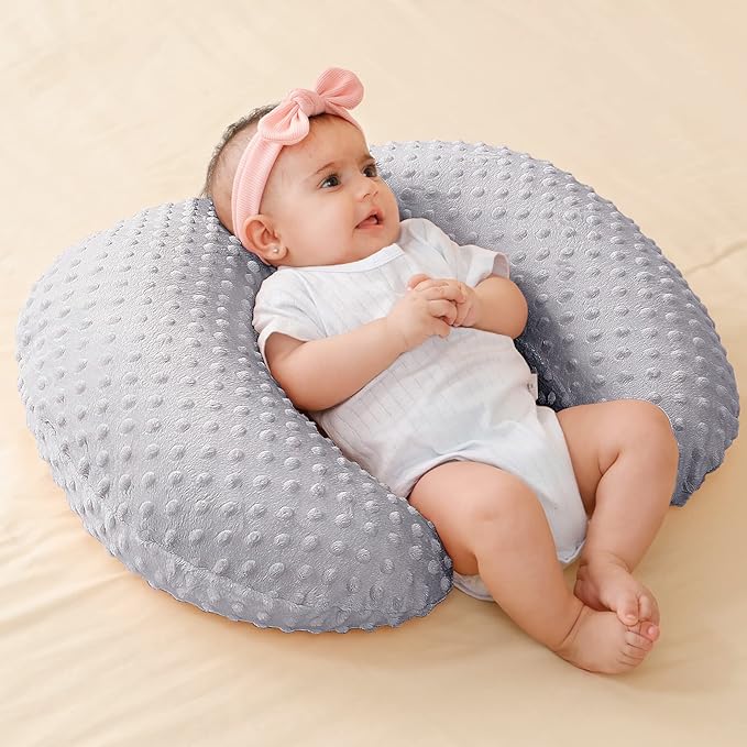 Nursing Pillow and Positioner, Breastfeeding, Bottle Feeding, Baby Sitting Support with Removable Ultra Soft Cover, Tummy Time Support for Baby Boys and Girls (Gray)
