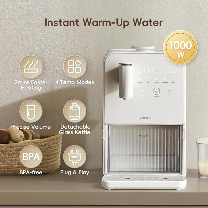 Instant Hot Water Dispenser, Water Warmer for Baby Formula, Tea, Coffee, Precise Volume & Temperature Smart for All Bottles with Night Light, 3L Large Glass Water Tank(102oz), 7x24H Keep Warm