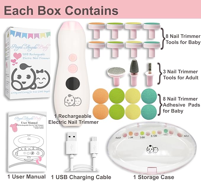 Rechargeable 22 in 1 Baby Nail Trimmer, Usage Labeled Case, 13 Extra Replacement Tools, Royal Angels Electric Nail File with LCD display, Newborn Toddler Nail Care Clipper Kit (Rechargeable,WhitePink)