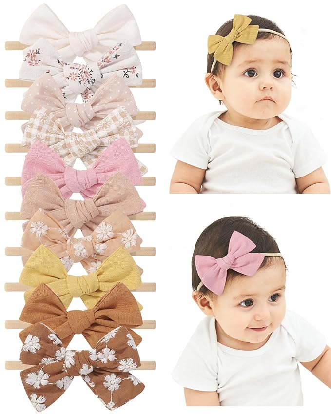 doboi 10PCS Baby Girls Headbands Hair Bows Nylon Linen Hairbands Handmade Hair Accessories for Newborn Infant Toddlers Little Girl and Kids 3.5Inches