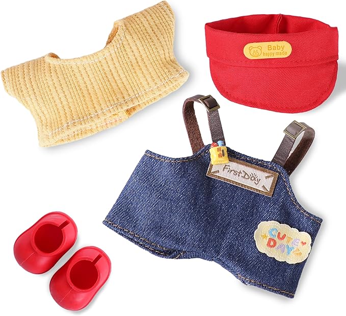 Clothes for 6.7in/17cm Doll, Set of 4 Cute Doll Accessories Includes Doll Hat+T-Shirt+Bib Pants+Shoes Set Premium Fashion Outfit for Collectors Unique Gift (Style F)