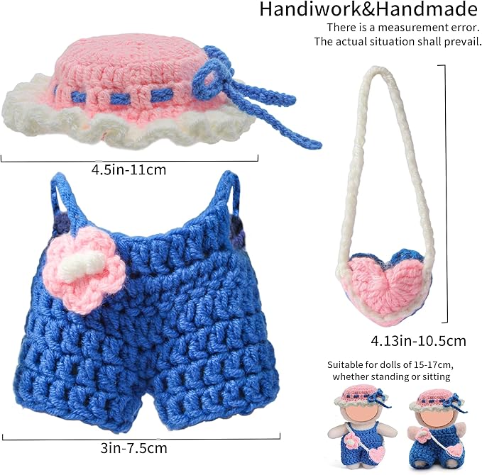 Handmade 17cm Doll Clothes - Purely Hand Crocheted Overalls Hat & Heart-Shaped Bag, Easy Put On, No Doll, 17cm Doll Accessories for Gifts