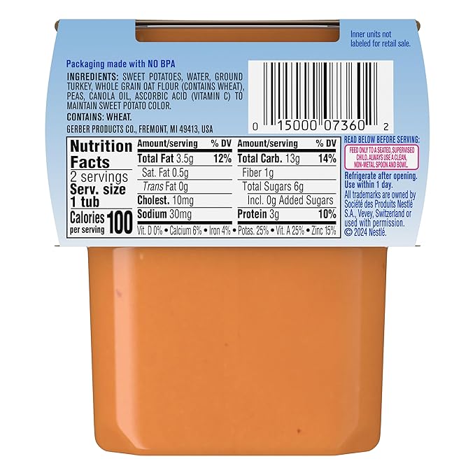 Gerber Stage 2 Baby Food, Sweet Potato Turkey with Oats Puree Tub, Nourishing Blends, No Added Colors or Flavors, Baby Puree, 16-Pack