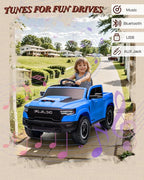 12V Kids Electric Vehicles, Licensed Ram 1500 RHO Kids Ride on Truck with Remote Control, Ride on Car for Children with Smooth Start, Truck Bed Storage, Bluetooth, Aux Port (Blue)