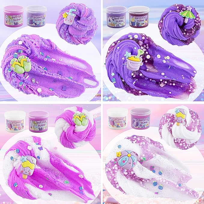 LAWOHO 6 Packs Gradient Purple Slime Kit - Cloud, Butter & Clear Slimes, Crunchy Slimes Kits for Kids with Beach Charms & Add-ins, Party Favors for Girls & Boys, 360ml Soft Non Stick Slime Making Kit
