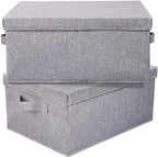HOONEX Linen Foldable Storage Bins with Lids, 2 Pack, Storage Boxes with Carrying Handles and Sturdy Heavy Cardboard, 16.5" L x 11.8" W x 7.5" H for Shoes, Books, Clothes, Light Grey