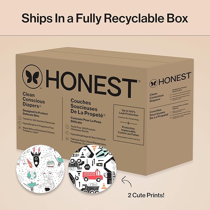 The Honest Company Clean Conscious Diapers for Delicate Skin | Up to 100% Leakproof | Hypoallergenic, Fragrance Free | Gender Neutral | Super Club Box, Size 4 (22-37 lbs), 104 Count (Prints May Vary)