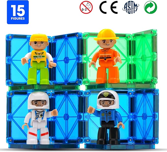 Playmags Large Magnetic Figures Community Set of 15 Pieces – 3” Play People Perfect for Magnetic Toys Building Blocks - STEM Learning Toys for Kids – Magnet Tiles Expansion Accessories Pack
