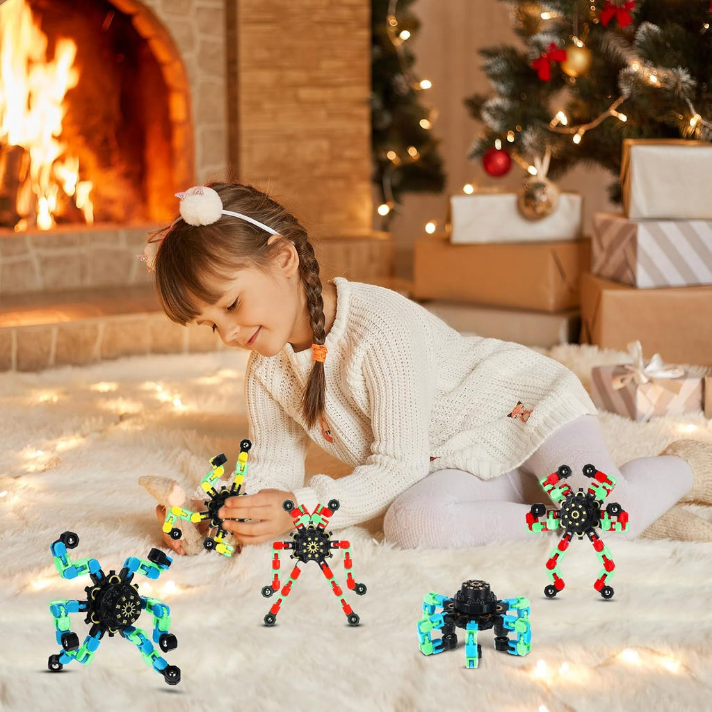 100 Pcs Funny Sensory Fidget Toy Bulk Transformable Chain Robot Finger Toys Fidget Spinners Stress Relief Fingertip Gyro Deformable Mechanical Spiral Twister Spinner Toy for Adult Kids ADHD (Glow)