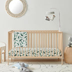 Margaux & May Organic Muslin Cotton Baby Crib Sheet, Green Feather Print, Fitted, Breathable, Toddler Bedding, 52 x 28, Deep Pocket, Organic Crib Sheets for Cozy Sleep