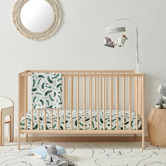 Margaux & May Organic Muslin Cotton Baby Crib Sheet, Green Feather Print, Fitted, Breathable, Toddler Bedding, 52 x 28, Deep Pocket, Organic Crib Sheets for Cozy Sleep