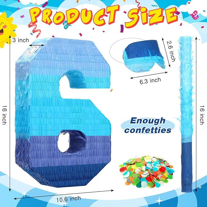 Sratte Number 1 2 3 4 5 6 7 8 9 Piñata with Stick Blindfold Confetti, Gradient Blue Piñata for Kids Boys Girls Birthday Party Anniversary Decorations Supplies(Number 6)