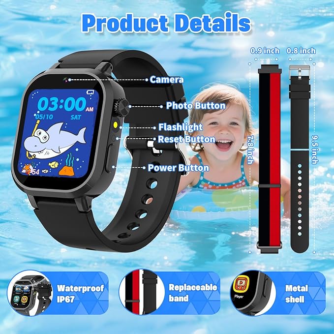 Kids Waterproof Smart Watch Boys Gift Age 3-12 with 39 Game HD Touch Screen Music Player Video Camera Pedometer Alarm Clock Birthday Gift for 6 7 8 9 Year Olds Black
