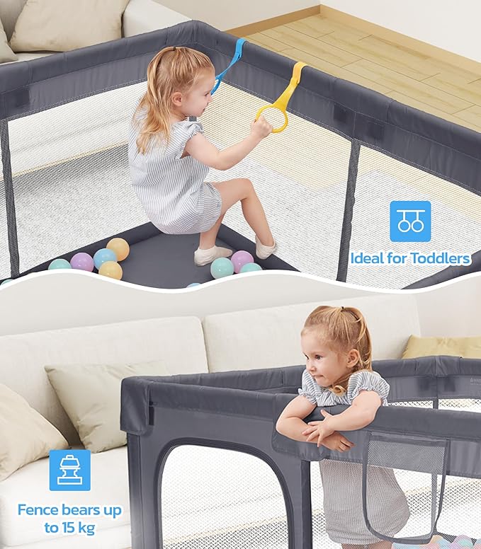 Dripex Baby Playpen, 47"×47" Play Pens for Babies and Toddlers, Safe Anti-Fall Play Yard with Gates, Baby Fence with Breathable Mesh, Indoor & Outdoor Kids Activity Center, Grey