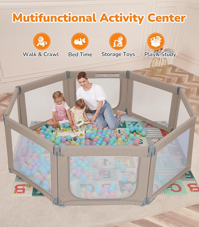 Dripex Foldable Playpen for Babies and Toddlers, 71"×69" Extra Large Baby Playpen, Indoor & Outdoor Safety Gate Collapsible Play Pen, Baby Fence Play Area with Visible Mesh, Khaki