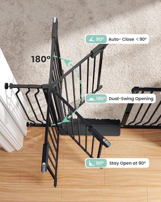 Mom's Choice-GROWNSY Baby Gate for Stairs, 30.5"-48.4" Pressure Mounted Baby Gate for Top of Stair&Doorway with Y-Spindle Rods, Anti-Trip Pedal, Wide Stairs Dog Gate Easy Install w/Red Reminder,Black
