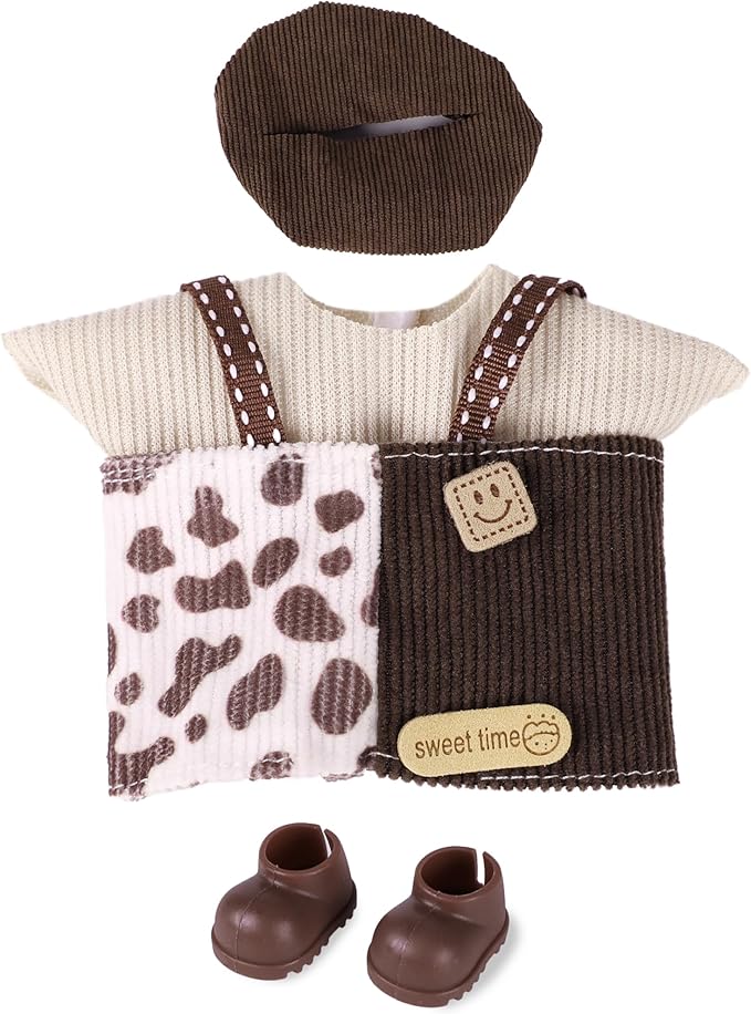 Clothes for 6.7in/17cm Doll, Set of 4 Cute Doll Accessories Includes Doll Hat+T-Shirt+Bib Pants+Shoes Set Premium Fashion Outfit for Collectors Unique Gift (Style D)