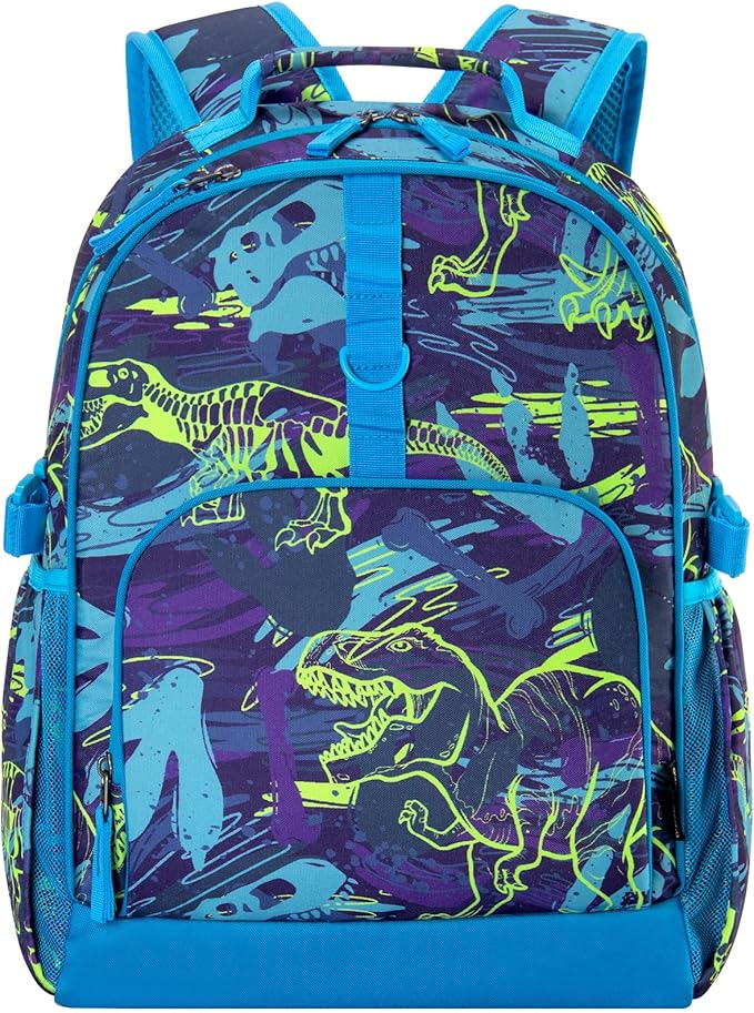 Choco Mocha Dinosaur Backpack for Boys, Elementary School Backpack for Boys Ages 6-8 Kids Kindergarten Backpack Bookbag 17 Inch with Chest Strap, Blue