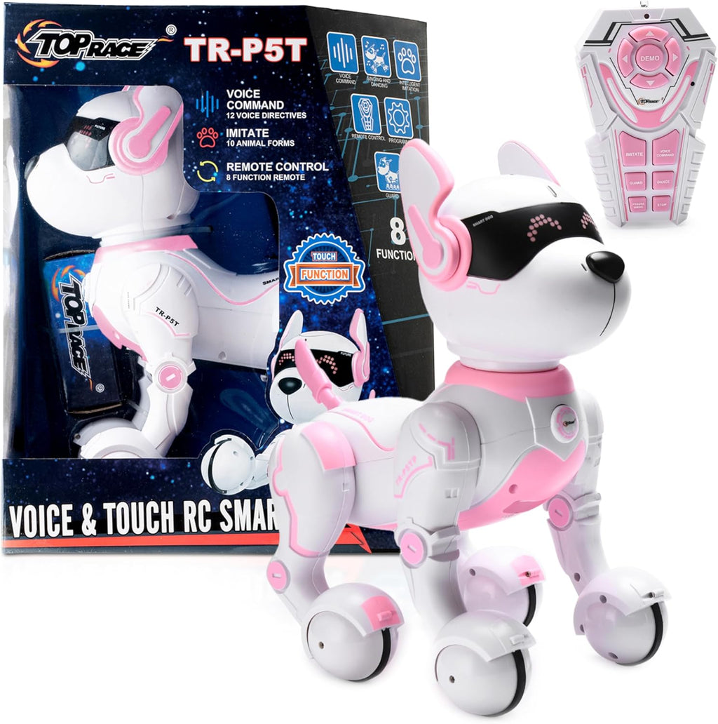 Top Race Pink Robot Dog - Remote Control Toy with Touch Function - Interactive Smart Pet with Voice Commands, Dancing, Animal Sounds - Robotic Puppy for Kids, 3 Years Up