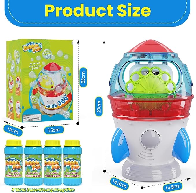 Rocket-Shaped Bubble Machine for Kids & Pets - Dual Powerful Bubble Outlets, Automatic 360° Rotation, Adjustable LED Lights & Music – Ideal for Indoor/Outdoor Birthday Parties