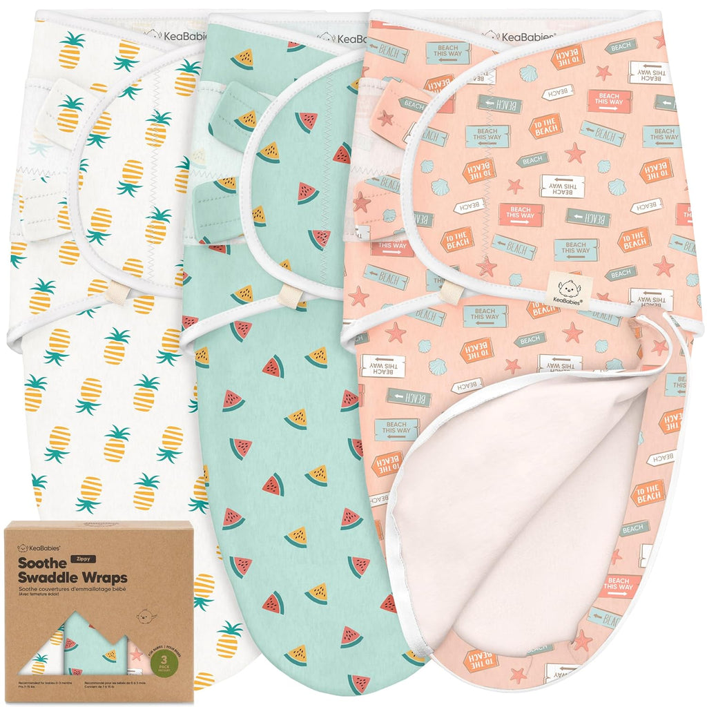 Baby Swaddle Sleep Sacks with Zipper - 3-Pack Swaddles for Newborns 0-3 Months, Infant, Baby Girls, Boys, Soft & Durable Newborn Sleep Sack, Easy Diaper Change Swaddling Blanket (Beach Day)