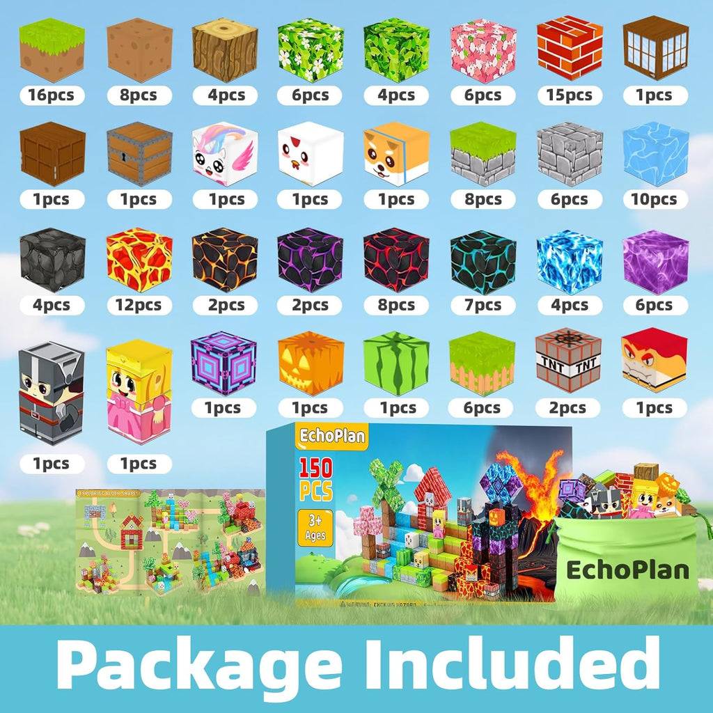 EchoPlan 150PCS Magnetic Blocks, Magnetic Building Blocks, STEM Constructions Magnet Blocks for Boys Girls Age 3 4 5 6 7 8 9 10, Sensory Stacking Toy Christmas Birthday Gifts for Kids, 1" Large Size