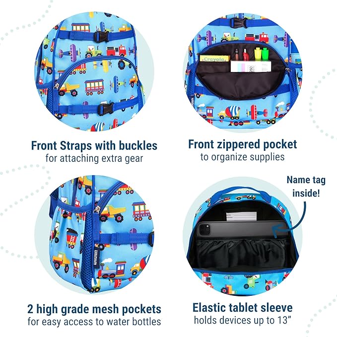 Wildkin ECO rPET 15-inch Kids Backpack – Sustainable, Padded, Adjustable – Trains, Planes & Trucks
