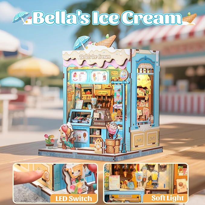 CUTEBEE Book Nook Kit - DIY Miniature House Dollhouse Kit for Adults and Teens, Booknook Tiny House Ice Cream Shop Bookshelf Decor 3D Wooden Puzzle, Gifts for Family, Friends (Bella's Ice Cream)