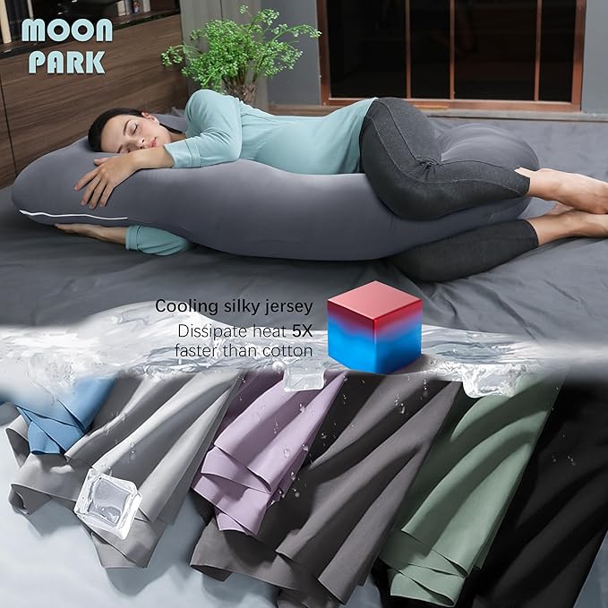 MOON PARK Pregnancy Pillows for Sleeping - U Shaped Full Body Maternity Pillow with Removable Cover - Support for Back, Legs, Belly, HIPS - 65 Inch - Dark Grey - Cooling Cover