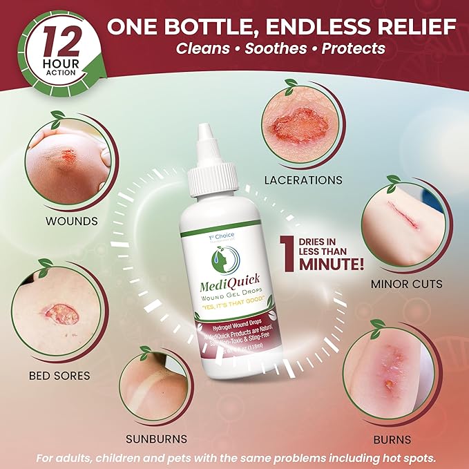 MediQuick Skin & Wound Care Hydrogel Drops - Quick Healing First Aid Drops with 12 Hours Action to Heal Cuts, Burns, Inflammation, Rash, Itch, Eczema & More - Safe Wound Wash with No-Sting - 4 Fl Oz