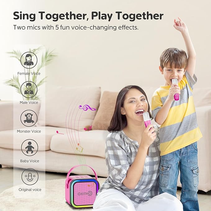 Contixo KS1A Kids Mini Karaoke Machine with LED Lights, 7–10H Playback, Dual Wireless Mics, Magic Voice Effects, Bluetooth Speaker for Children, Portable Singing Toy Gift for Boys & Girls, Pink
