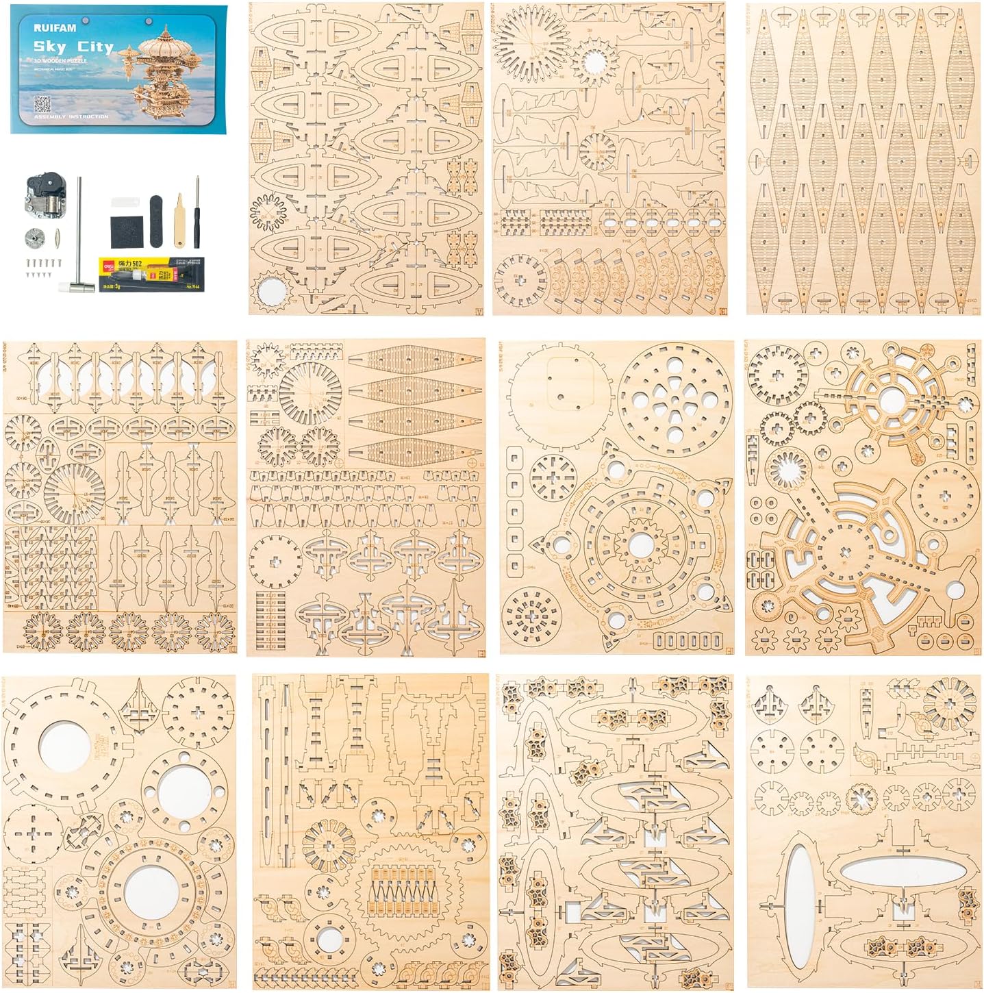 3D Wooden Puzzles for Adults, SkyCity Music Box Model Kit, 600+ Pcs Cityscape Design, Challenging Mechanical DIY Craft, STEM Toy and Unique Gift for All Occasions