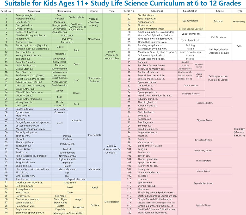 120 Microscope Slides with Specimens Set, Lab-Grade Prepared Microscope Slides for Kids Adults, Animal/Plant/Microbe/Tissue/Cells, STEM Biology Kit for Homeschool, Classroom Labs & Science Education