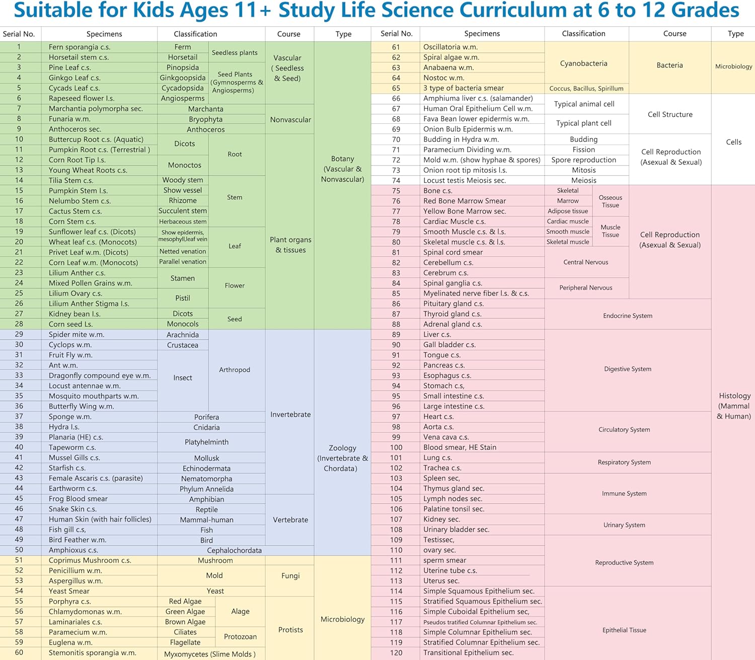 120 Microscope Slides with Specimens Set, Lab-Grade Prepared Microscope Slides for Kids Adults, Animal/Plant/Microbe/Tissue/Cells, STEM Biology Kit for Homeschool, Classroom Labs & Science Education
