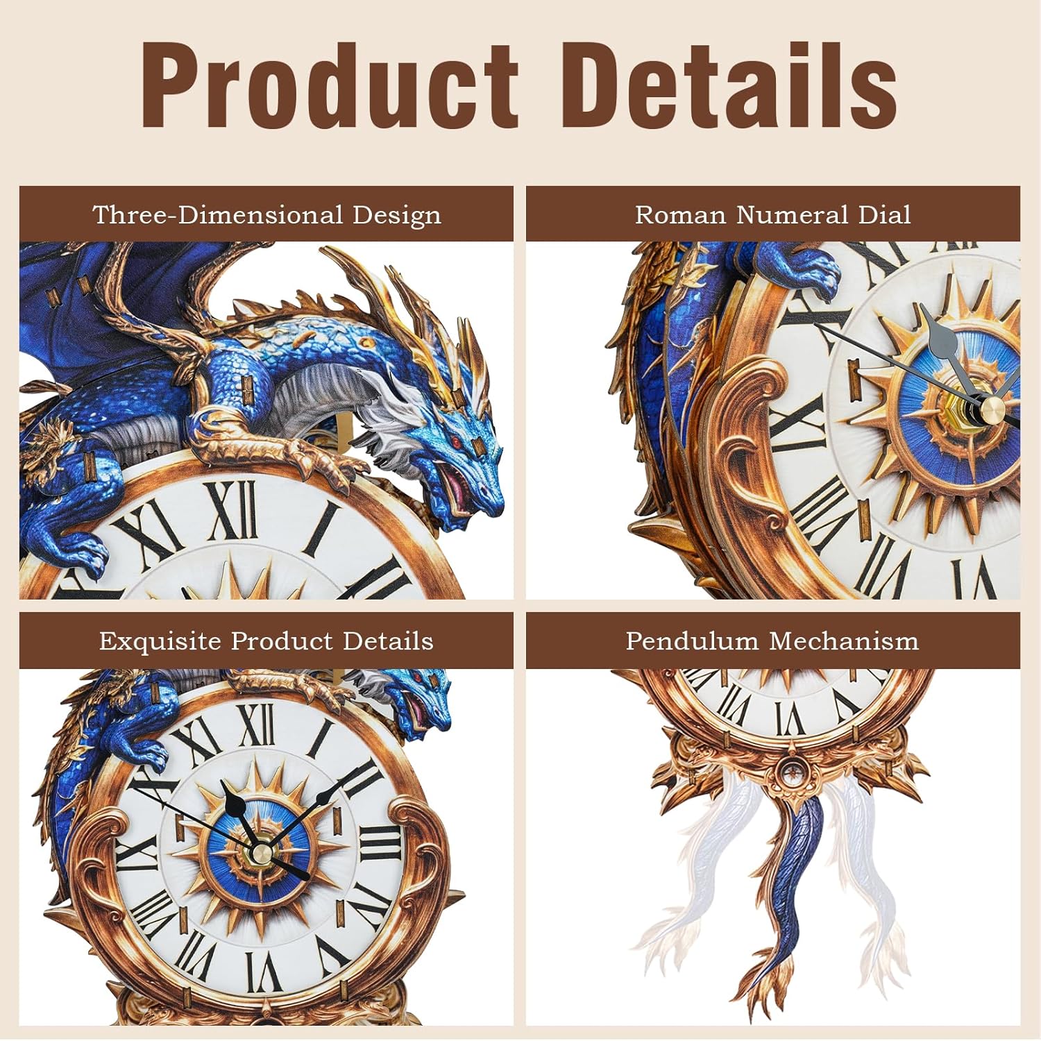 Cutywood 3D Puzzles for Adults Clock-Blue Dragon Design Model Kit-Mechanical DIY Pendulum Clock with Roman Numerals-Desk Home Office Decor Personalized Gift for DIY Lovers
