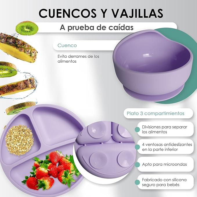 Bluet B- Silicone Baby Feeding Set - Baby Led Weaning Supplies - Baby Spoons, Suction Bowl - Plate - Baby Utensils - Silicone Feeding Set for Baby First Foods, Infant Eating - 8pcs - Purple