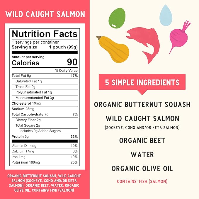 Serenity Kids 6+ Months Baby Food Pouches Puree Made With Ethically Sourced Meats & Organic Veggies | 3.5 Ounce BPA-Free Pouch | Wild Caught Salmon, Butternut Squash, Beet | 1 Count